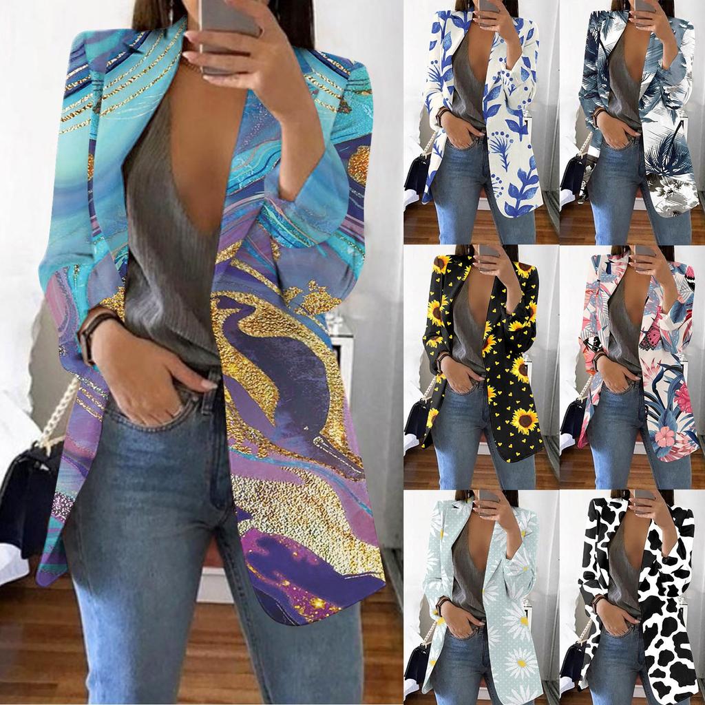 Women's Casual Fashion Print Lapel Long Sleeve Slim Fit Small Button Jacket