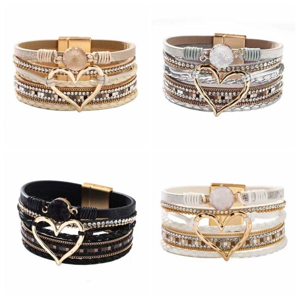 Braided Heart Woven Bracelet Leather Stacked Zircon Bracelets  Female Jewelry