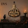 Decorative Wooden Hanging Craft Skeleton Hand Door Welcome Sign, Halloween Pumpkin Bat Pattern Decor, Creepy Skull Theme Signage Wall Plaque,