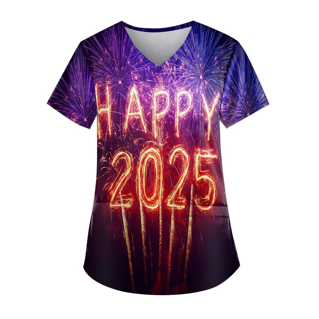 Women's Fashion New Year Printed Short Sleeve V-Neck Top Small Pocket Work T-Shirt