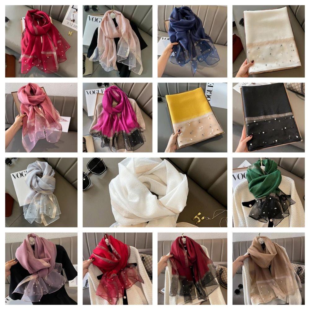 Pearls Silk Scarf Shawls Transparent Mesh Neck Scarves Luxury Ladies/Girls