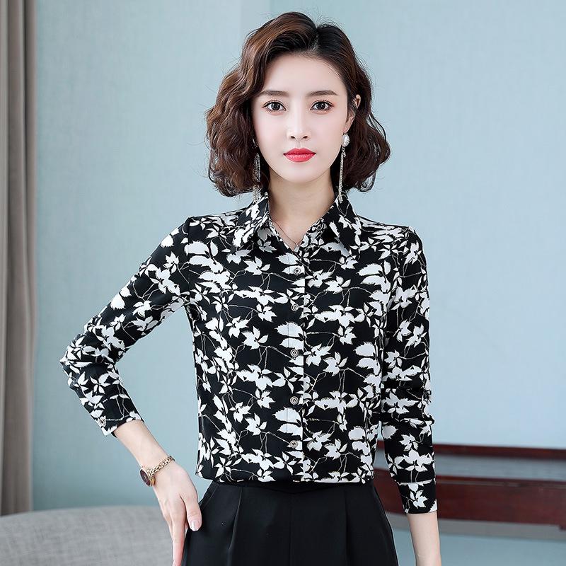 Женская осенняя рубашка из шифона с цветочным принтом и длинными рукавами в стиле ретро