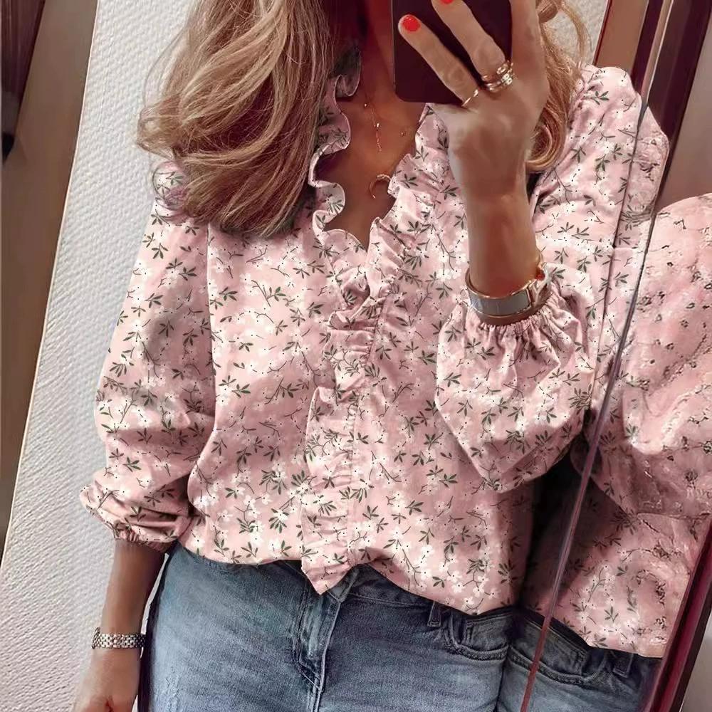 Spring and Summer New European and American Long Sleeved Ruffled Shirt Women's Shirt
