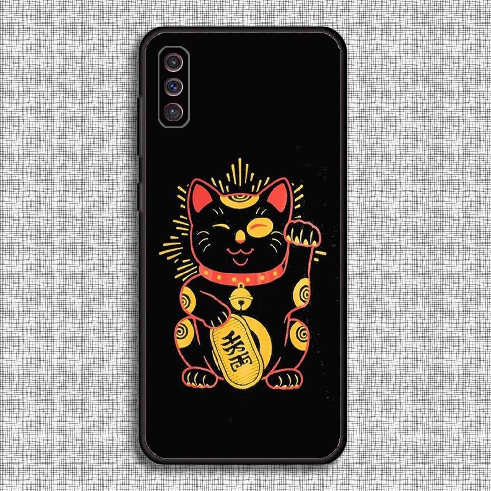 Maneki Neko Lucky Money Cat Phone Case For Samsung S23,23,22,30,21,10,9,Note20 Ultra,Lite,Ultra,5G,Plus,FE,Black Soft Case