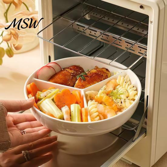 Portion Control Diet Dish Ceramic Steamer Plate with 3 Divided Compartments, Round Multipurpose Food Serving Tray for Food, Rice Meat Vegetable