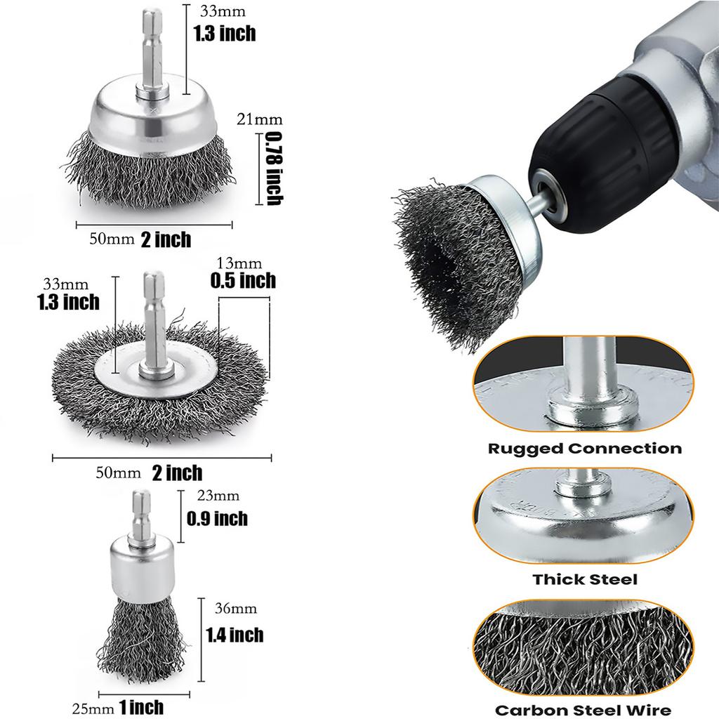 Wire Brush Wheel Cup Brush Set 9 Pack,Wire Brush for Drill 1/4 Inch Hex Shank 0.012 Inch Coarse Carbon Steel Crimped Wire Wheel