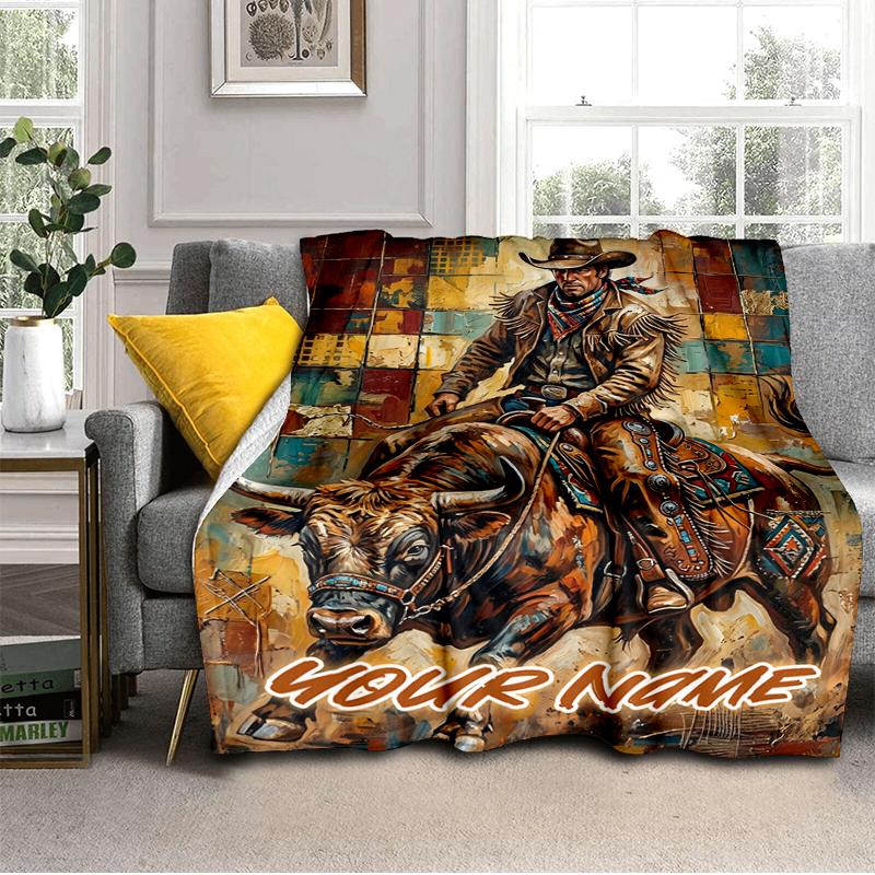 1PC Custom Name Cowboy Bull blanket versatile,all-season throw suitable for the living room,bedroom,camping,travel,and gift