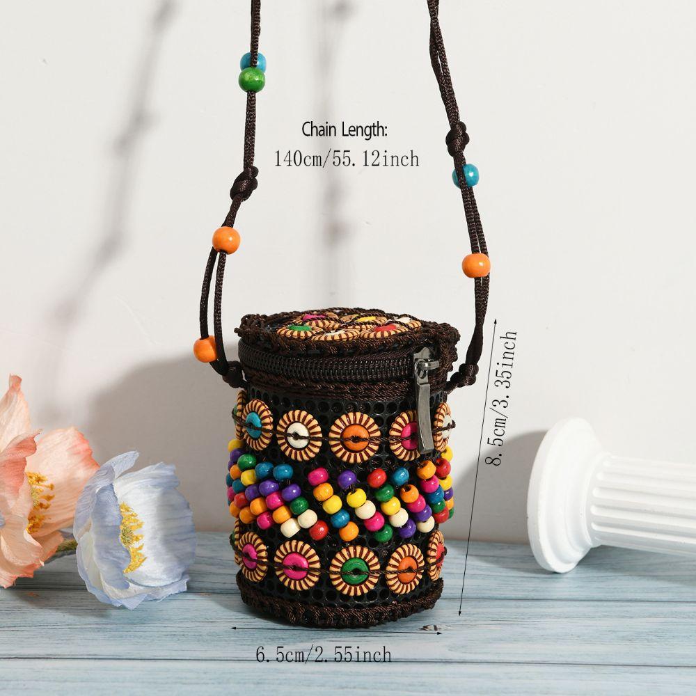 Portable Cloth Ethnic Style Crossbody Bag Retro Coconut Shell Handmade Weave Bag Vintage Handbag Bohemian Shoulder Bag Women