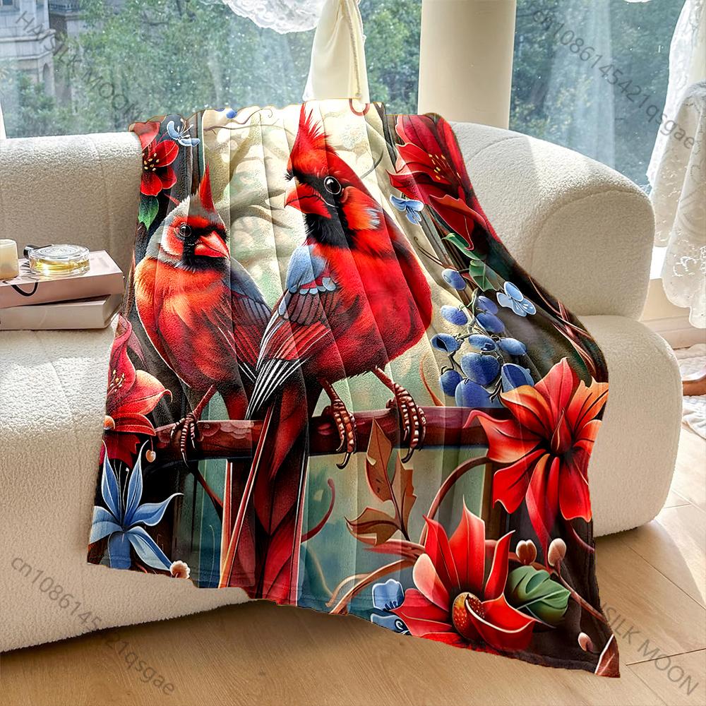 Red Cardinals with Vibrant Flowers Pattern Blanket Flannel Material Soft Warm for All Seasons, Home Outdoor Camping Picnics RV