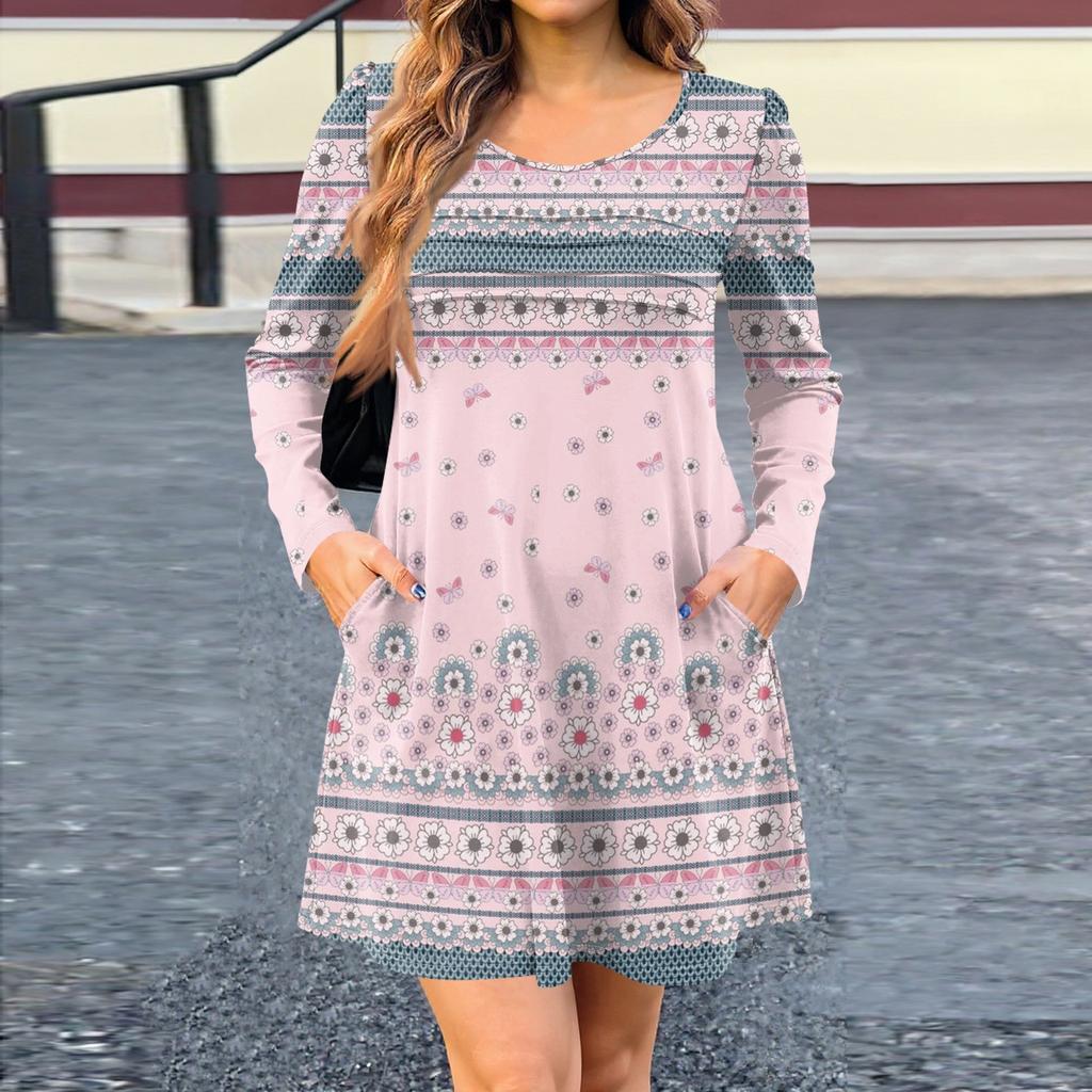 Женское платье с длинным рукавом, осеннее повседневное, футболка, свободного кроя, с плиссировкой спереди, платья с карманами