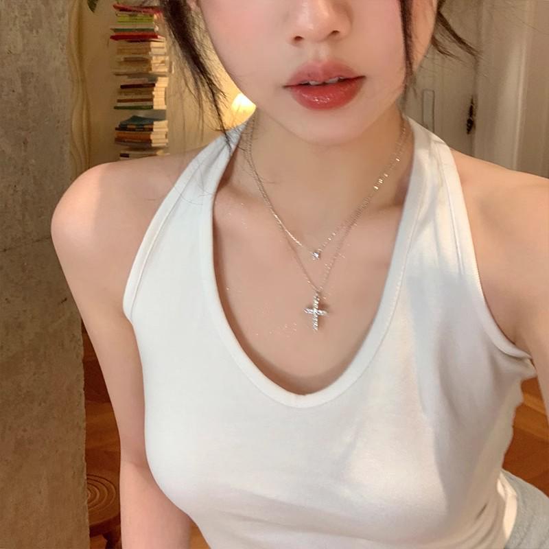 Women's Titanium Steel Sparkling Diamond Cross Necklace with Layered Clavicle Chain and Nose Stud