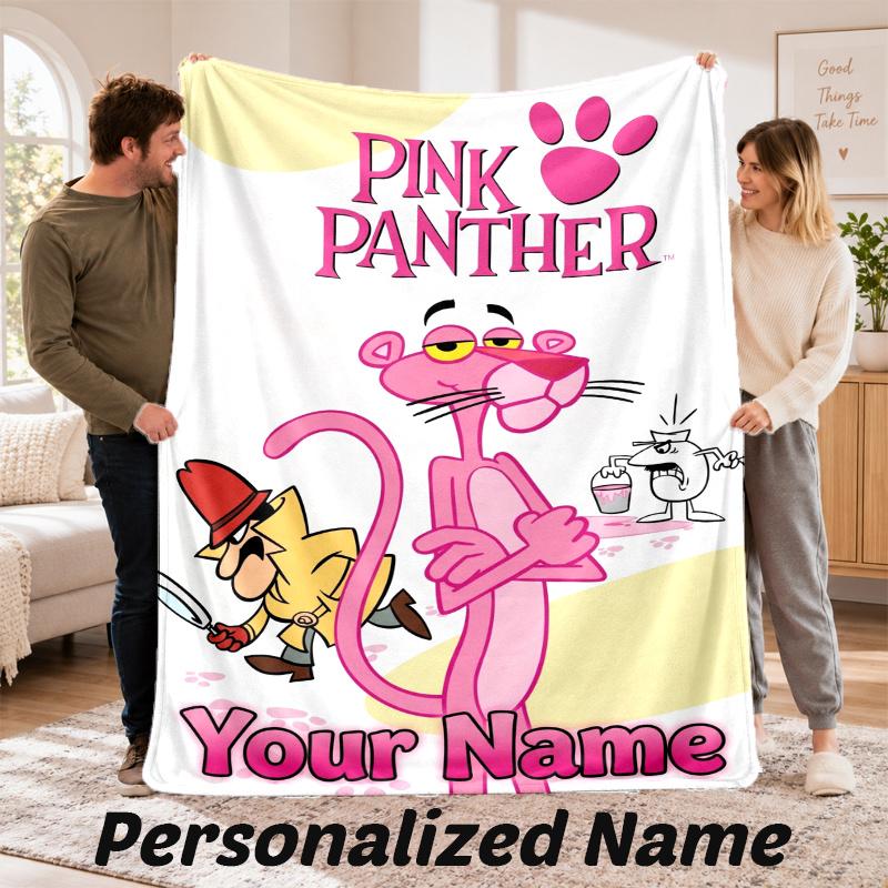 Custom Name The Pink Panther Flannel Throw Blanket Personalized Text Soft Blanket Bed Sofa Gift