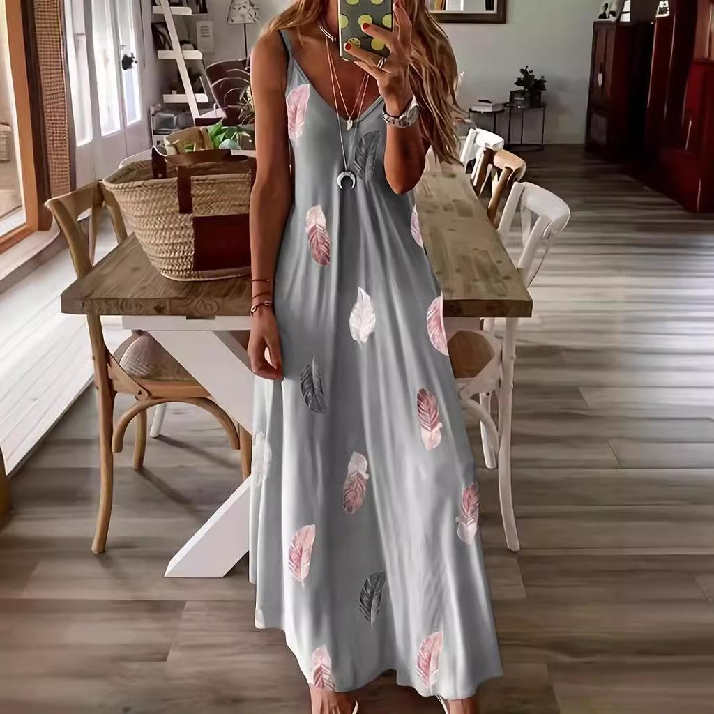 GMXIA Весна и лето Новые узкие без рукавов с принтом перьев, глубоким вырезом, V-образным вырезом, халтером и длинным женским платьем