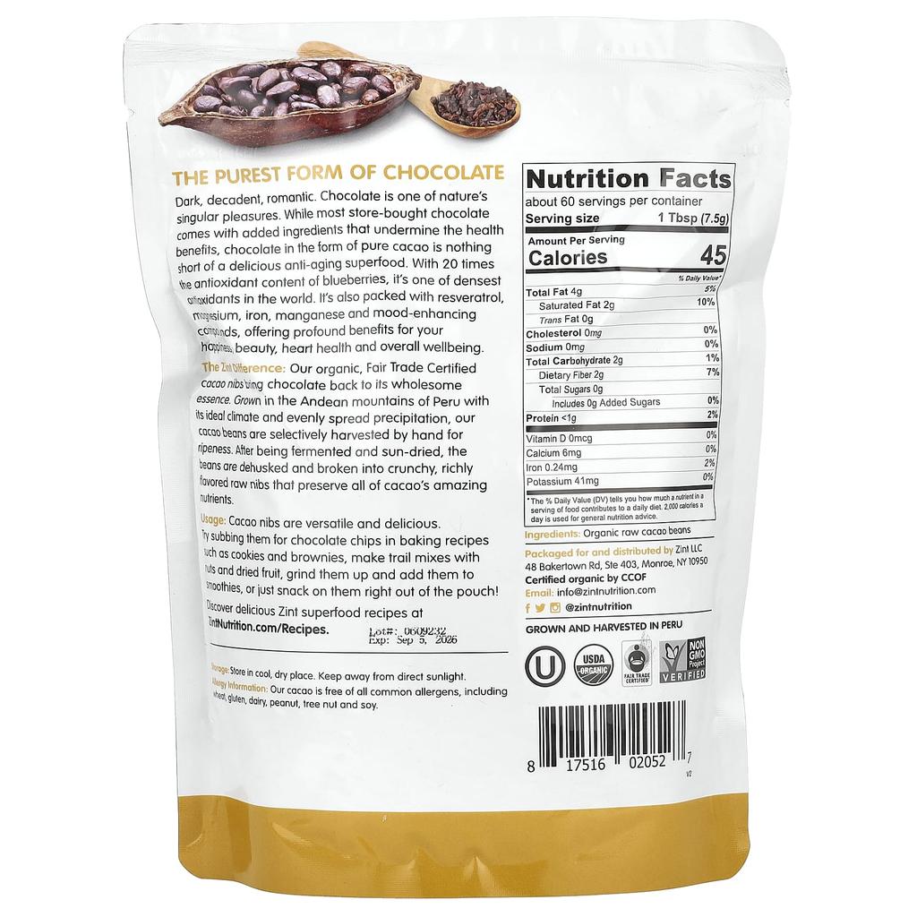 Raw Organic Cacao Nibs, 454G (16Oz)