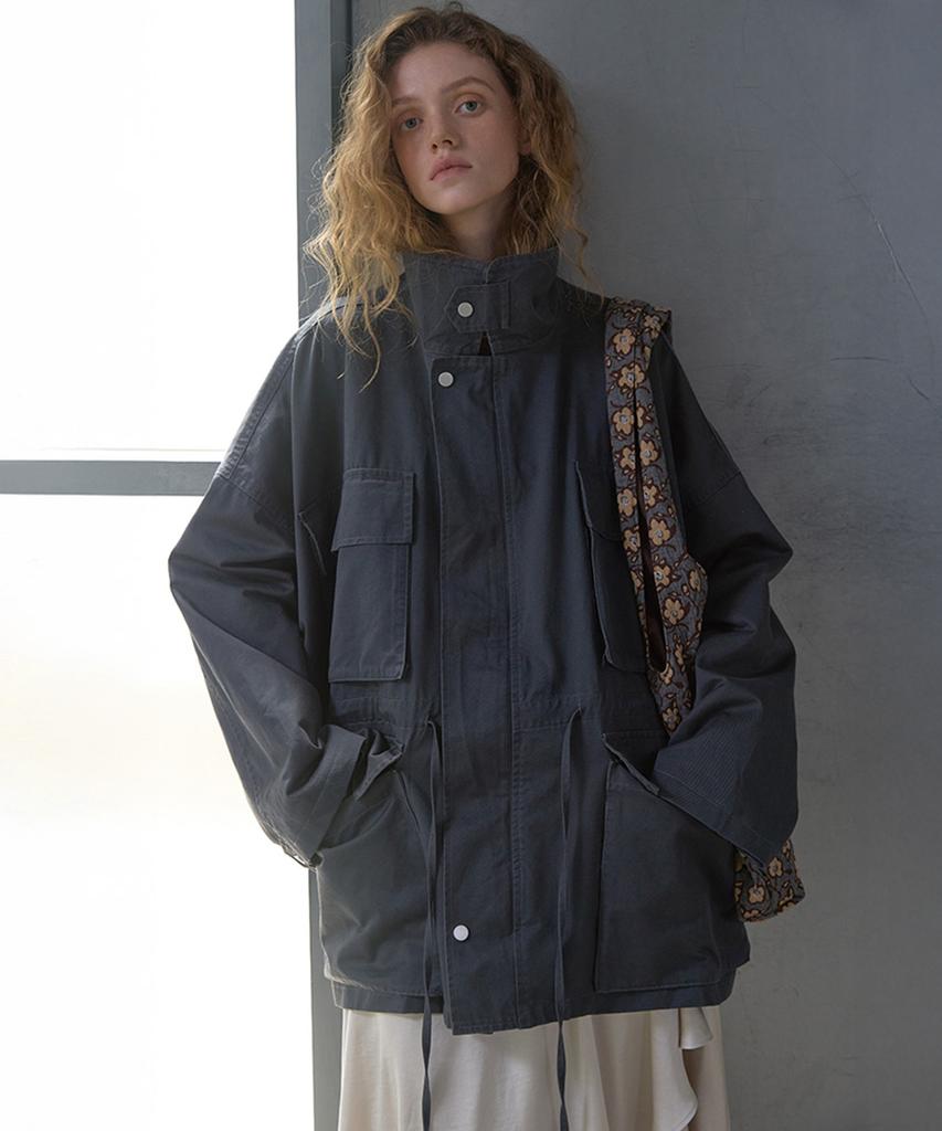 LONQUE High Neck Washed Work Jacket (Charcoal)