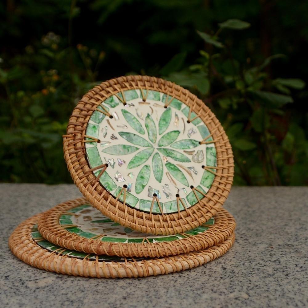 Round Rattan Weaving Coaster Handwoven Tea Cup Mats Tea Ceremony Shell Mats Home Decor