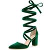 Allegra K Women's Velvet Lace-Up Chunky Heel Pointed Toe Pumps, Dark Green, Size 23.0cm