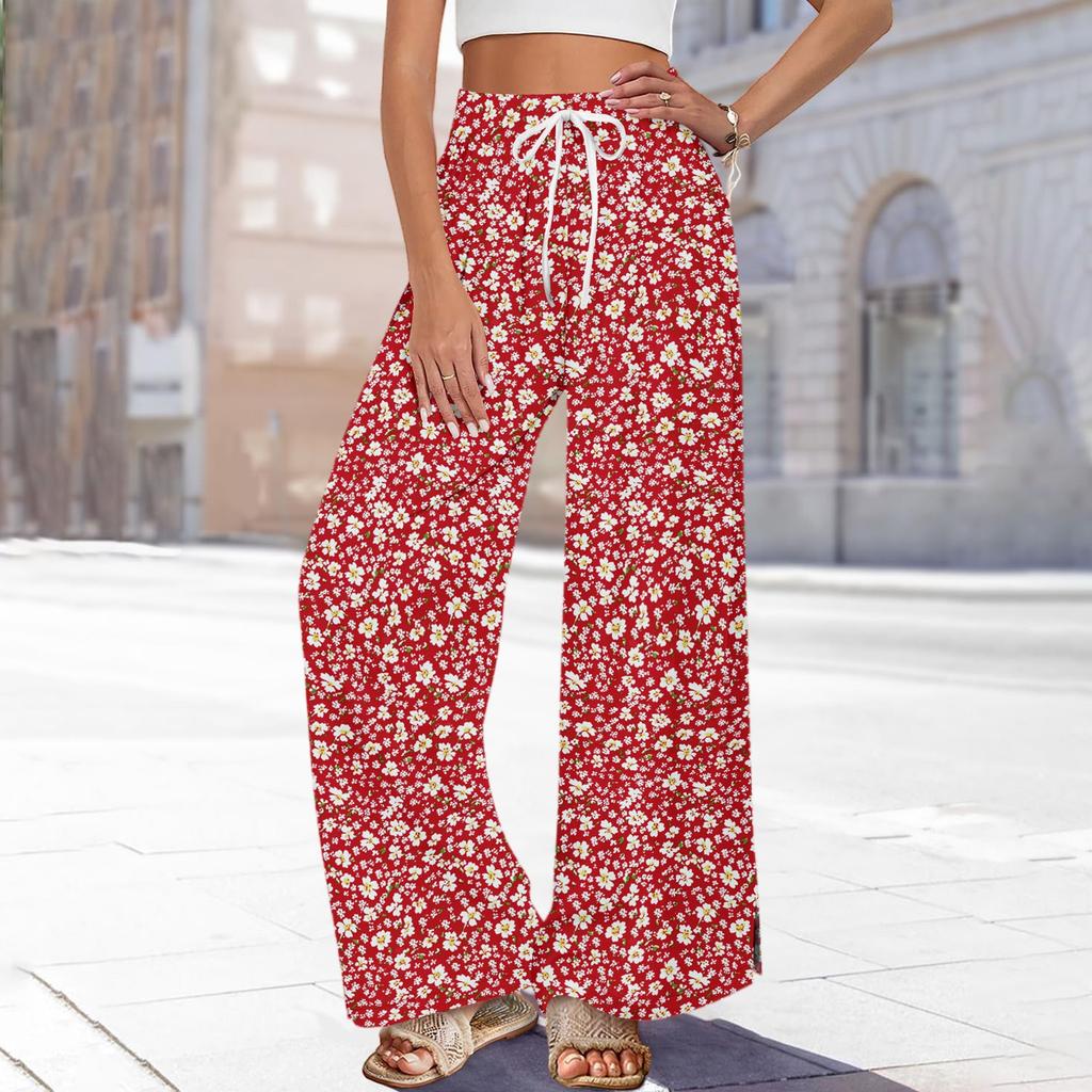 Women's Printed Wide Leg Pants With Pockets High Waist Drawstring Loose Casual Pants