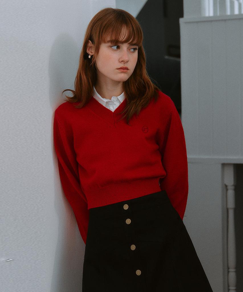 ROLAROLA V Neck Crop Knit Red