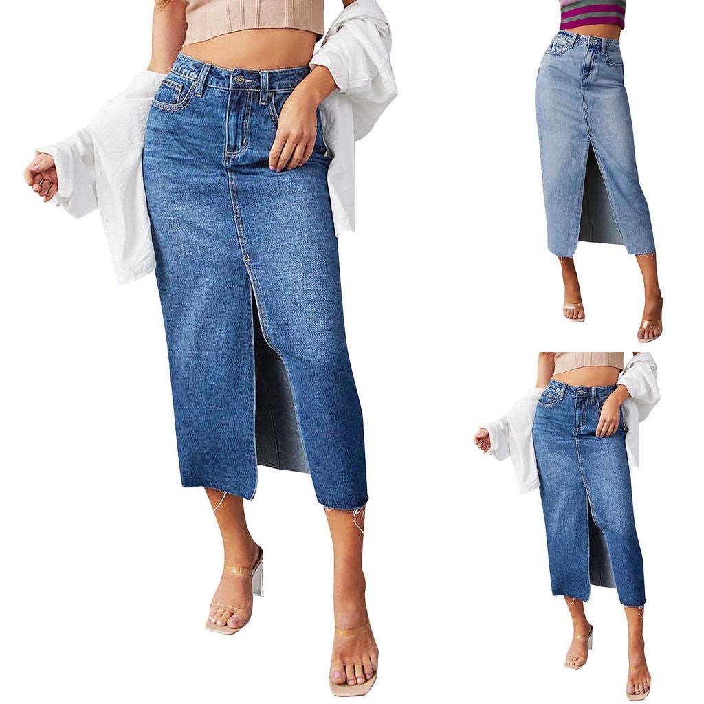 Women's Split Denim Skirt Women's High-waisted Washed A-line Skirt MIDI Skirt