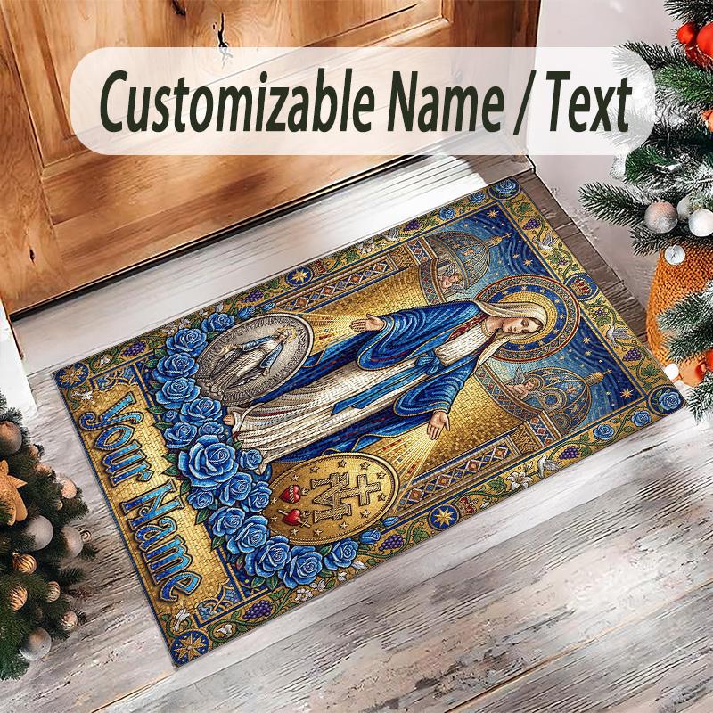 Virgin Mary Theme Crystal Velvet Rug Personalized Custom Name Text Soft Floor Mat Home Decor