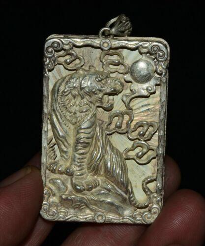 6Cm Rare Chinese Miao Silver Feng Shui 12 Zodiac Year Tiger Luck Amulet Pendant