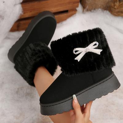 Модные женские зимние ботинки с круглым носком, теплые, с утолщенным плюшем, украшенные стразами и бантом, на толстой подошве, повседневные, удобные женские сноубутсы
