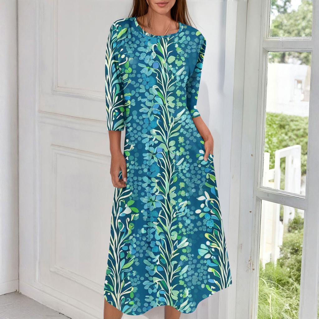 Женское модное повседневное миди-платье с круглым вырезом и рукавами три четверти