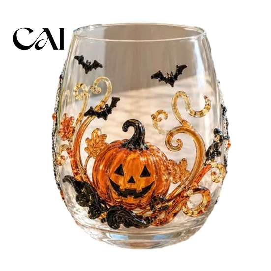 Pumpkin Ghost Glass Halloween Tumbler, Embossed Cat Bat Drinking Glass, Spooky Kitchen Decor Stemless Beverage Cups, Seasonal Drinkware for Party Home