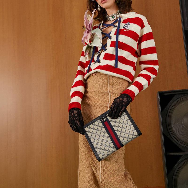 Gucci Ophidia Logo Stripe Canvas And Leather Clutch Unisex clutch Blue 625549-96IWN-4076