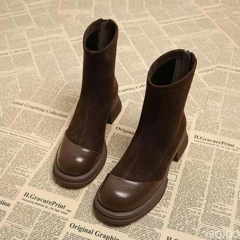 Retro Style Women's Back Zipper Simple Comfortable Cotton Boots Brown Thick Sole Daily Casual Versatile Women's Short Boots