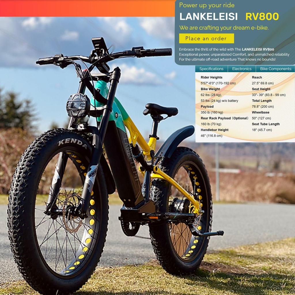 Электровелосипед Lankeleisi 26" Мотор 1000 Вт Вездеходный Ebike 48V 20AH Макс. Дальность 150 км Нагрузка 150 кг RV800