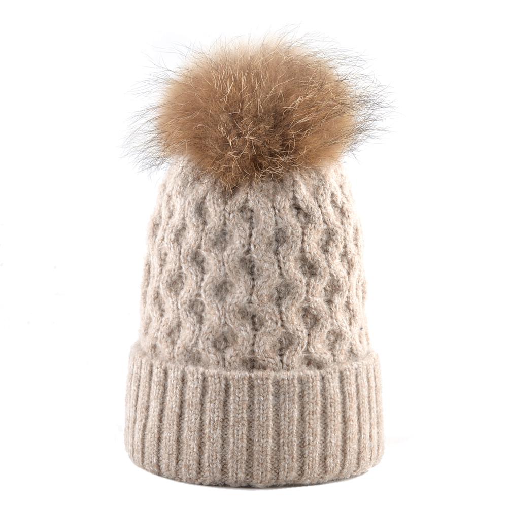 Женская зимняя шапка, женская теплая вязаная шерстяная шапка с натуральным мехом и помпоном, шапки для девочек