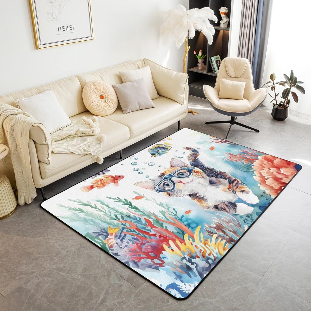 Ocean Themed Living Room Rugs for Bedroom Area Rug Octopus Decor Carpet for Boys Girls Teens Tentacles Indoor Floor Mat Black