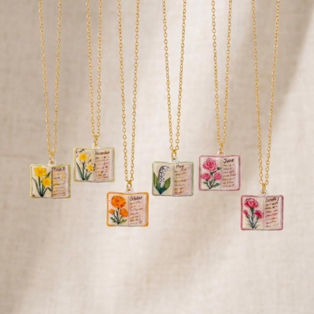 Flowers Birthday Necklace Month Design Sense Necklace Vintage Book Pendant Necklace Jewelry