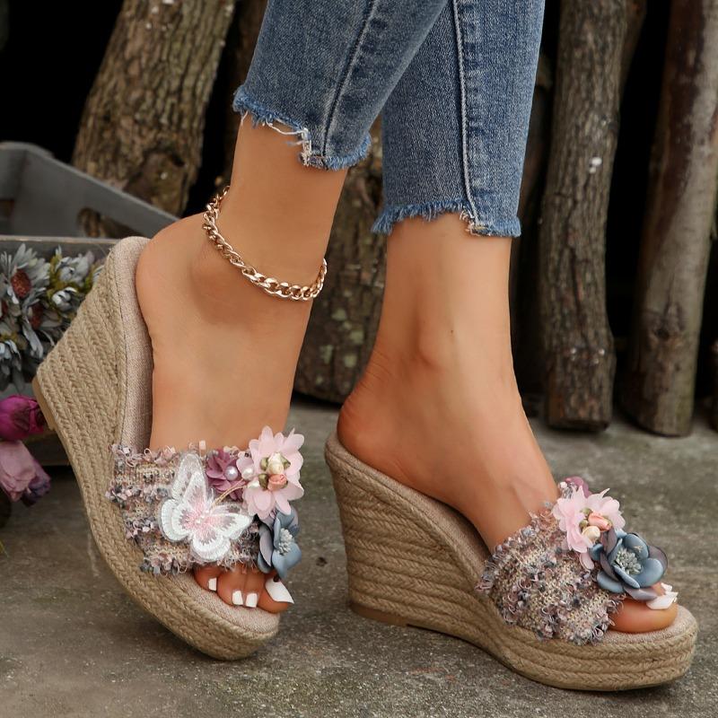 Туфли женские 2024 года, большие размеры, открытый носок, женские тапочки, ретро-тапочки, женские босоножки на платформе, с аппликацией из бисера и бисера