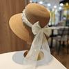 French Lace Bow Pearl Straw Hat Women Summer Big Brim Showing Face Fisherman Hat Sun Protection Breathable Sun Hat