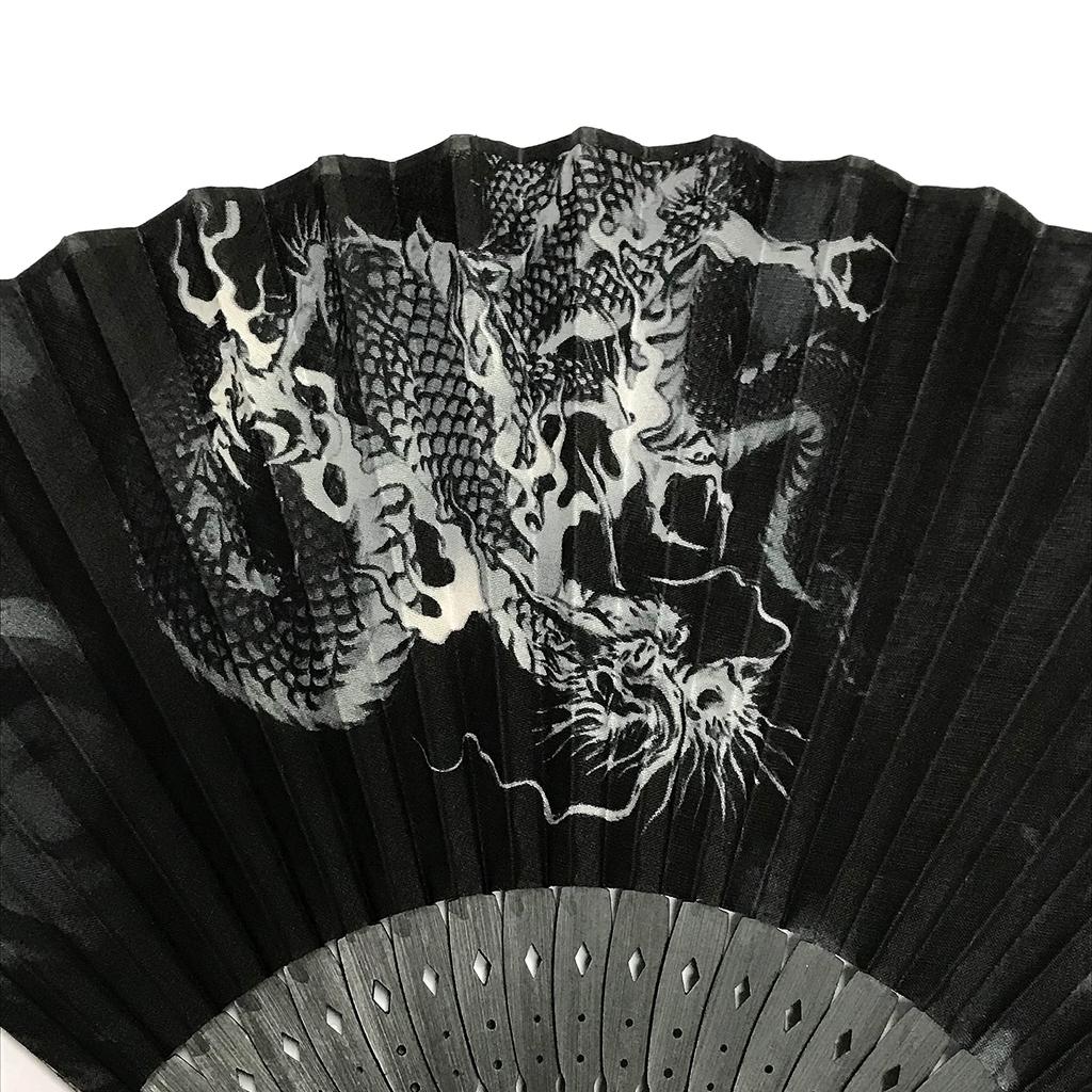 23cm Cotton Folding Fan with Japanese Cloud Dragon Dragon God Cotton and Linen Folding Fan Bag 1299c Men's High-Quality Pattern, Black, Openwork,