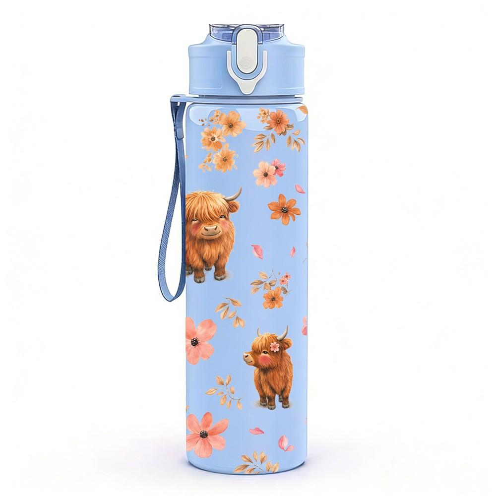 1PC Bear Cookie Repeat Doodle Pattern 750ml Color Plastic Sports Water Bottle Leakproof Flip Straw Lid Suitable for Sports Office Home Use
