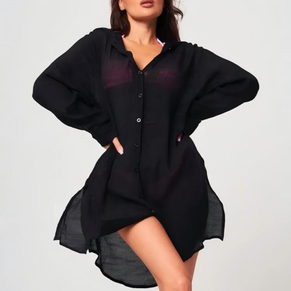 Solid Color Button Down Tunic Dress Long Sleeve Blouse Tops Beach Bikini Cover-up Vacation Outfit