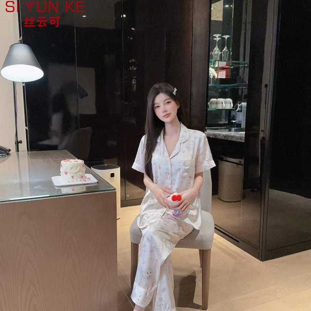 1011 new ice silk pajamas women's summer short-sleeved trousers two-piece set cute cartoon can be worn outside loungewear high-end sense
