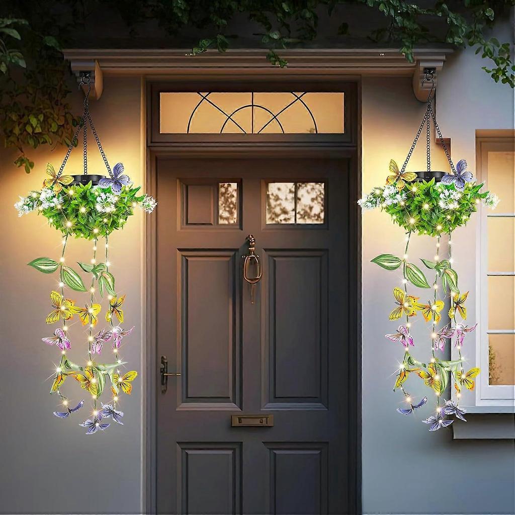 Colorful Solar Butterfly Lights for Spring & Summer Garden, 2 Pack Hanging Lights with Fluttering Butterflies & Flowers, IP65 Waterproof Outdoor Ivy S
