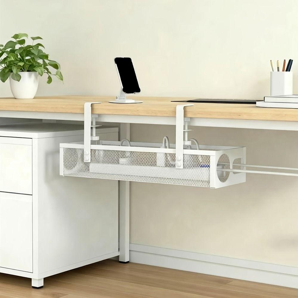 No Drilling Under Desk Wire Management Tray Space Saving Power Strip Cord Holder Office