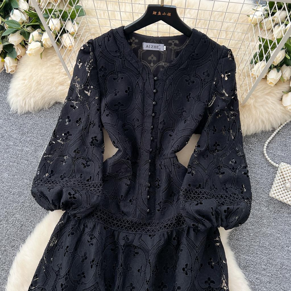 Весна-лето Женские V-образные вырезы с рукавами-фонариками Вышитые кружевные длинные макси вечерние платья