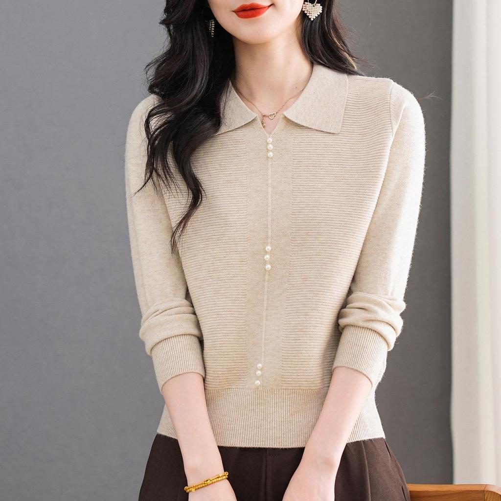 Модная однотонная женская вязаная рубашка-поло с длинным рукавом 2025