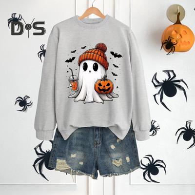Женская толстовка на Хэллоуин с принтом тыквы и летучей мыши, привидения, круглый вырез, длинные рукава, пуловер, топ, повседневная одежда, спортивная толстовка для поездок на работу