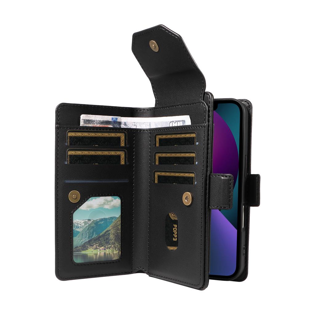 For iPhone 14 Plus Case with Multi-Card Holder and Strap PU Leather Phone Cover Stand