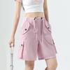 Pink Cargo Shorts Women's Summer High Waist Drawstring Thin Casual Loose Wide-leg Shorts Oversize Five-point Sports Pants