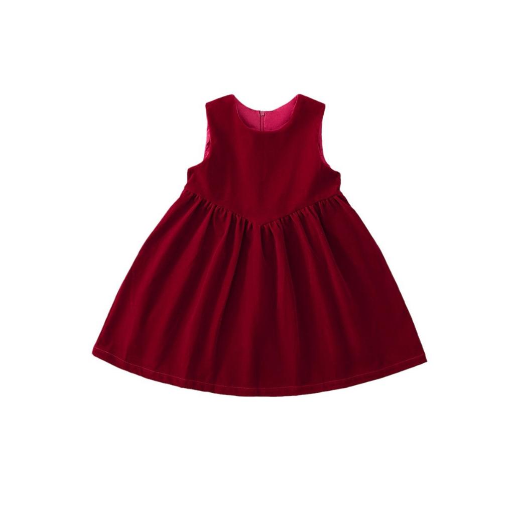 Платье без рукавов из бархата для девочек 2024 года, осеннее детское красное платье принцессы А-силуэта в корейском стиле