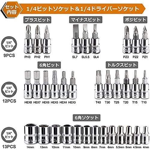 46-Piece Socket Wrench and Ratchet Wrench Set with 6.3mm (1/4") Drive, Automotive Repair Tools, 45 Gears, for Car Maintenance, Inspection, Bicycle Rep